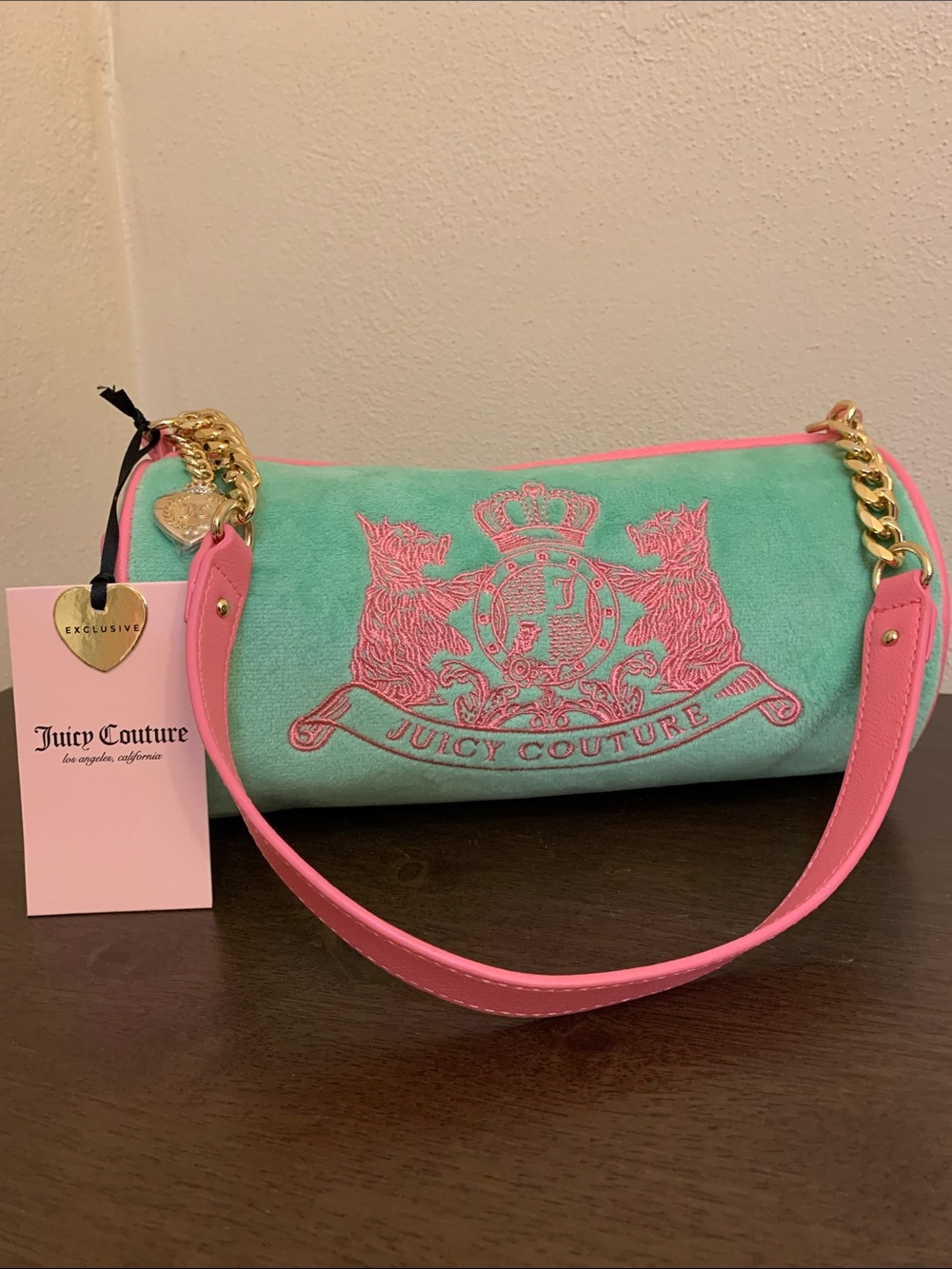 Juicy Couture Teal & Pink Logo Barrel Shoulder Bag
